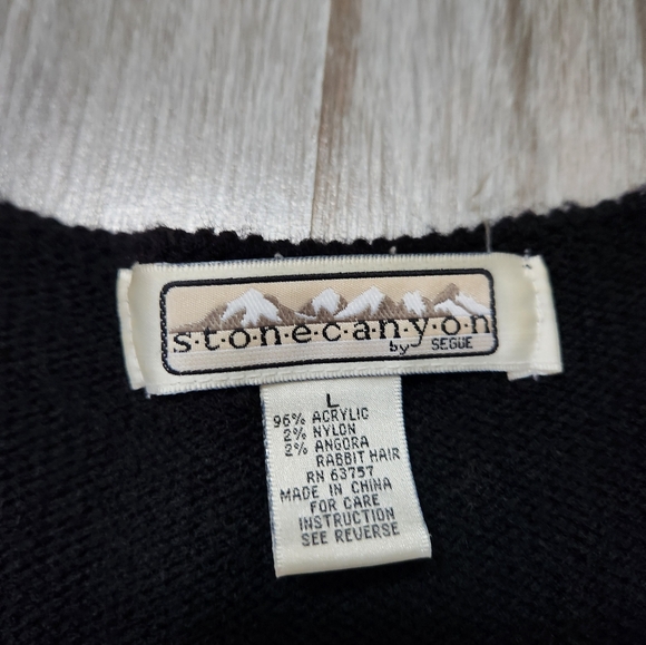 VTG Stone Canyon Sweater Dress Black Ivory Stripe Pearls Knit Midi Sz L - Picture 3 of 6